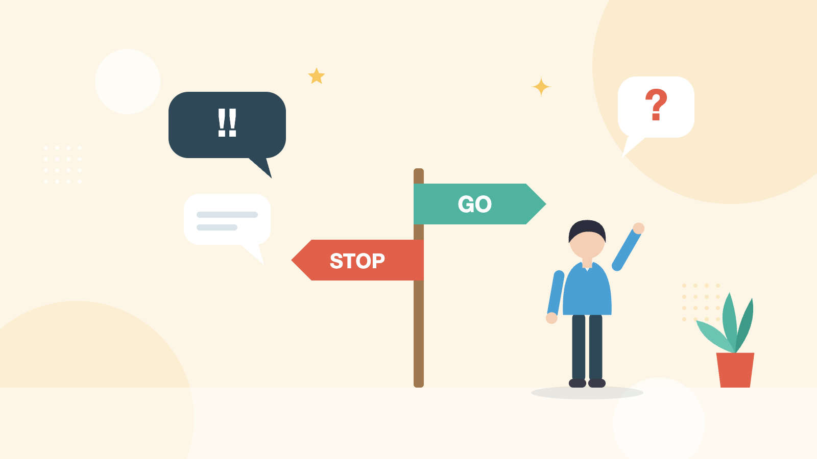 「GO」と「STOP」の道しるべの前で迷う人のイラスト