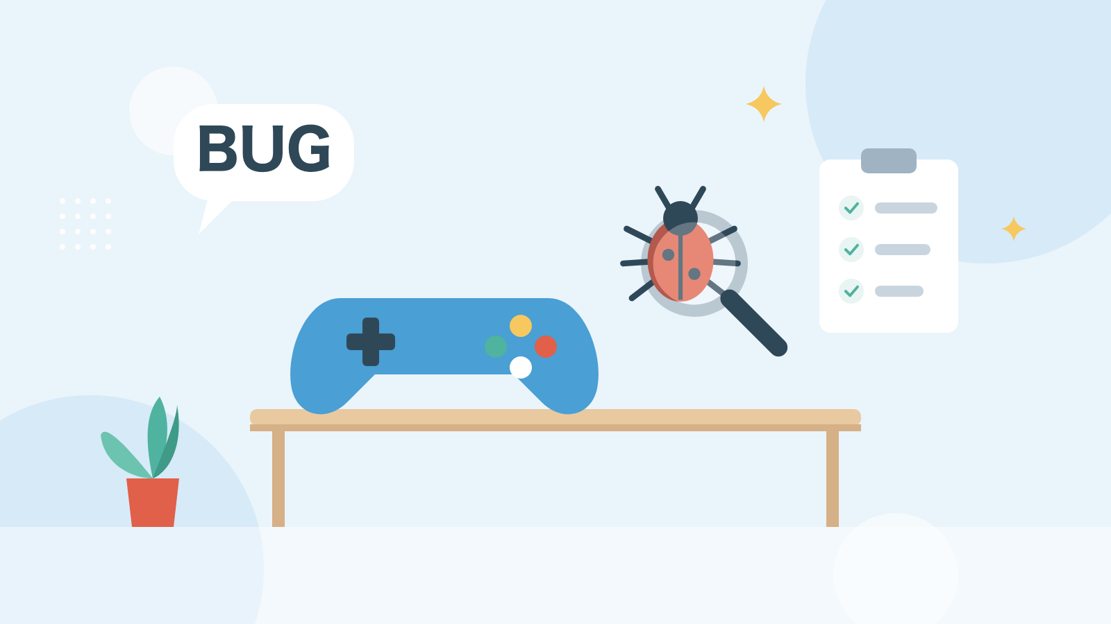 ゲームのコントローラーと虫眼鏡でバグを探すデバッガーの仕事のイラスト